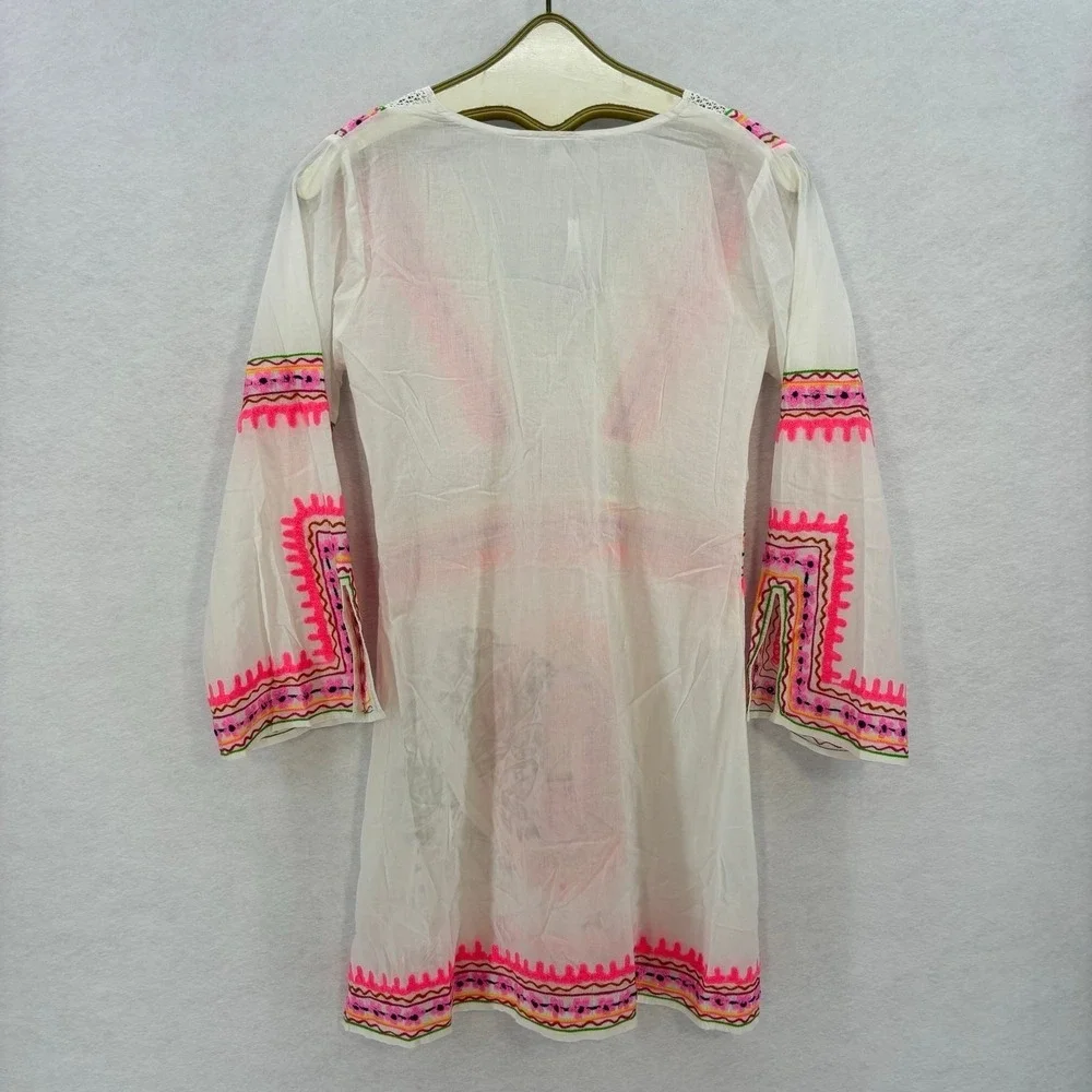 Debbie Katz Cover Up Mini Dress XS White Pink Summer Boho Beach Vacation - Picture 3 of 14